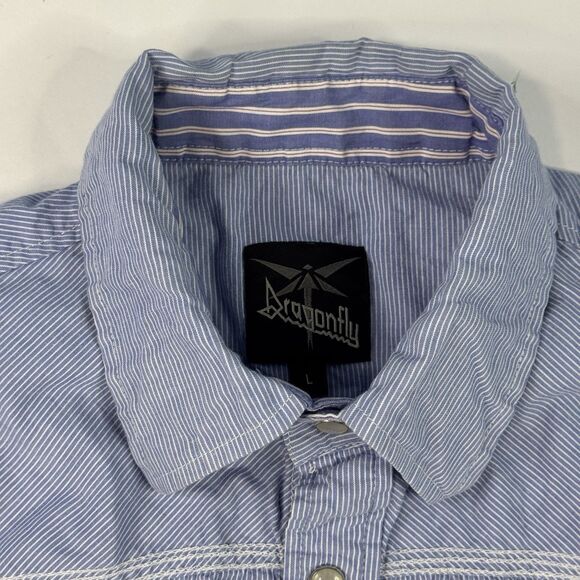Dragonfly Mens Y2K Patched AOP Button Down Shirt Blue Stripe Pearl Snap Size L - Picture 7 of 9